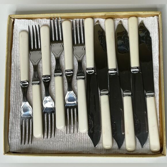 Sheffield Other - Fish Cutlery‎ Knives and Forks 6 Set Boxed Stainless Steel England Vintage